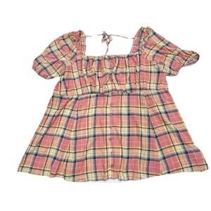 Torrid Babydoll Top Blouse Size 5 5X Pink Plaid Milkmaid Cottage